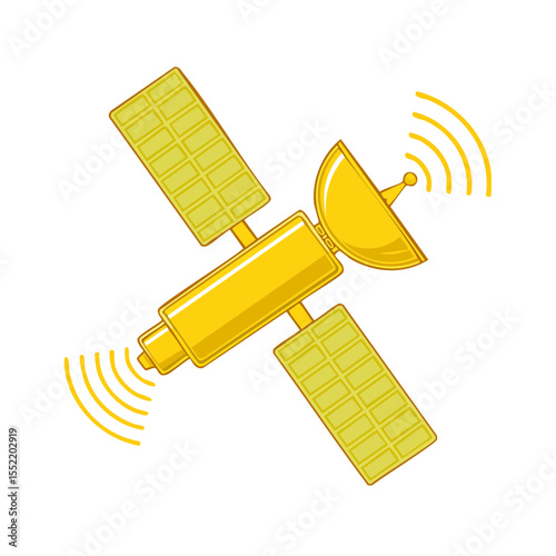 Cartoon golden satellite communication in orbit sending signal Solar panels technology vector illustration isolated on black background