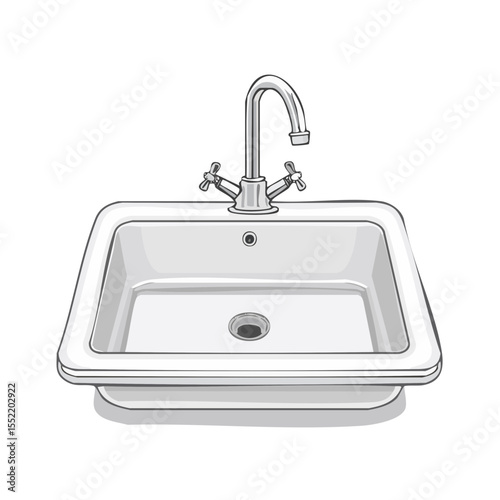 Illustration of a white ceramic kitchen or bathroom sink with metal faucet against black