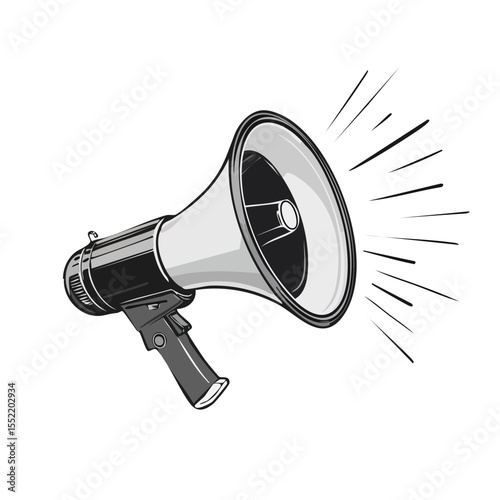 Illustration of a grayscale megaphone emitting sound waves on a black background, conveying announcements or warning messages.