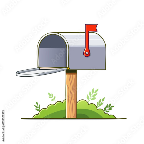 Cartoon Mailbox with Open Door and Raised Red Flag on Post with Green Shrubs Illustration