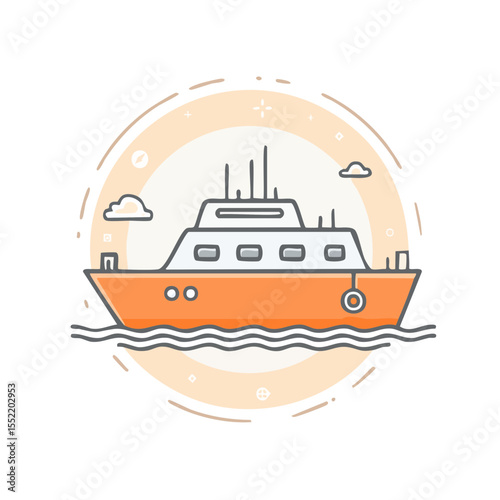 Cruise ship on the water graphic design vessel with clouds orange boat travel recreation summer holiday journey tourism