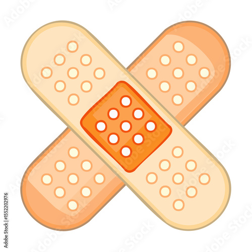 Two adhesive bandages crossed symbolizing first aid and medical care, cartoon style, isolated on black background