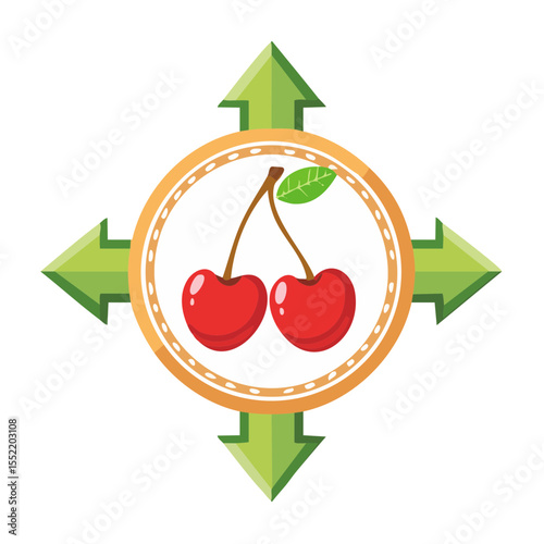 Playful cherry icon with directional arrows, bright red fruit in circular frame, gaming element, vector illustration on black background.