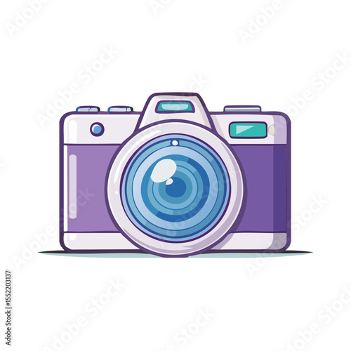 Stylized Purple Camera Illustration with Large Lens on Black Background