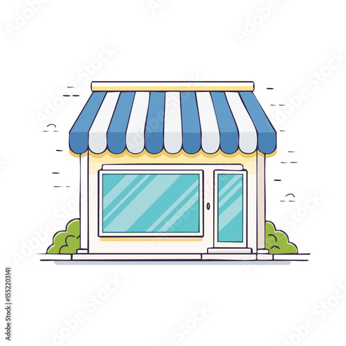 Minimalist shop illustration with blue and white awning and green bushes retail business facade vector illustration storefront design