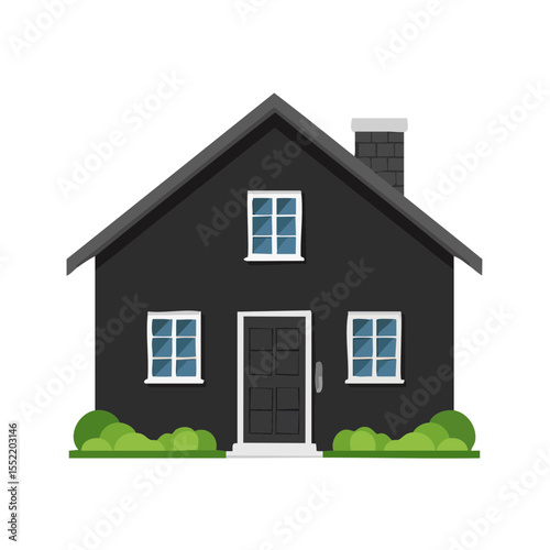 Illustration of a two-story home, with a chimney and small shrubs, in a clean vector style on a black background.