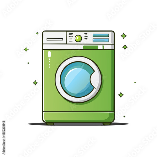 Cartoon illustration of a green washing machine on a black background with shining stars