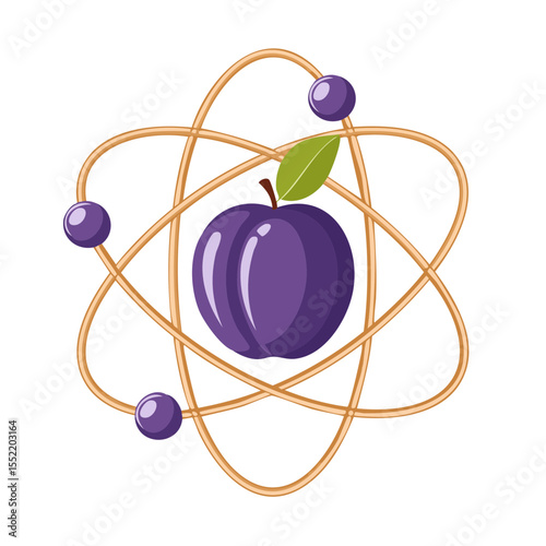 Plum fruit atom concept vector, science energy model with plum, atomic structure