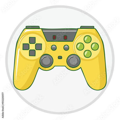 Bright yellow video game controller isolated on white circle. Modern gaming device illustration for entertainment hobby or esports vector design.