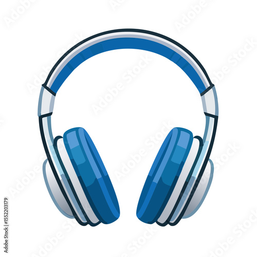Blue and white headphones isolated on black, audio equipment for listening to music and sound