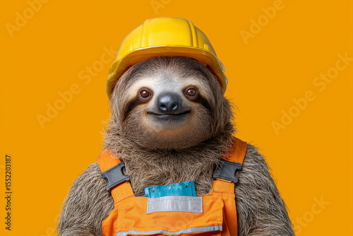 Sloth in a construction hard hat and orange vest showcasing a friendly expression against a vibrant orange background
