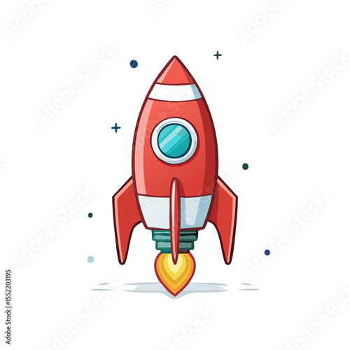 Cartoon Rocket Launching Into Space Exploration Red Spaceship Taking Off in Black Sky