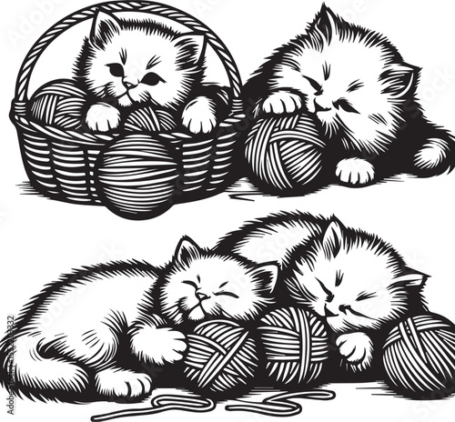 Three adorable kittens play with yarn in charming woven baskets, creating a heartwarming and playful feline scene.