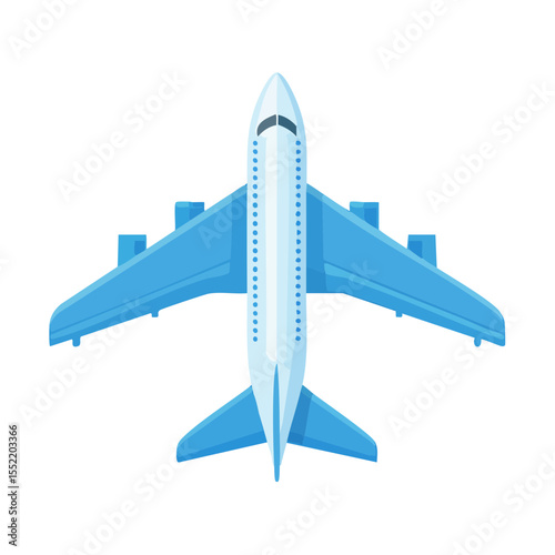 Blue airplane flying vector illustration top view passenger transport commercial aviation journey flight aircraft business travel vacation airline design