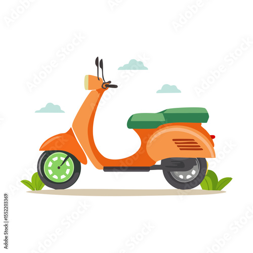 Vintage Orange Scooter Illustration Classic Moped with Green Seat Against Black Background Transportation Urban Mobility
