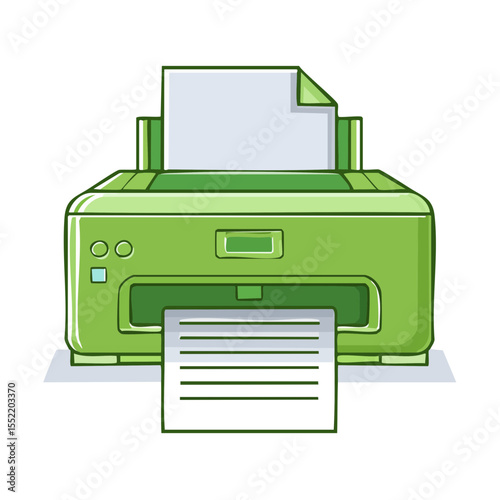 Green printer illustration printing document sheets in office environment