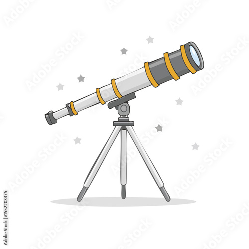 Cartoon Telescope on Tripod Observing Stars in Dark Night Sky Illustration