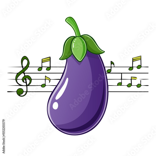 Cartoon eggplant with music notes on a black background illustration for cooking or creativity design projects