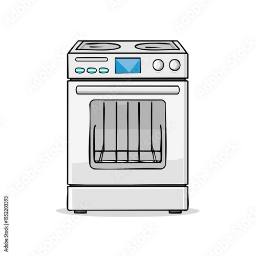 Modern Electric Oven Illustration for Cooking and Baking in a Home Kitchen Appliance, Front View with Display and Cooktop Elements