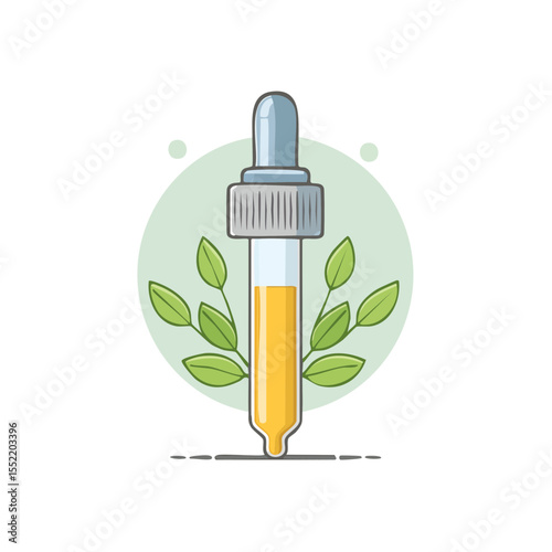 Herbal Extract Serum Illustration Dropper with Green Leaves for Natural Skincare Product