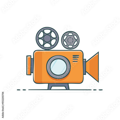 Cartoon film camera with reels illustration vector graphic element vintage style cinema projector icon for filmmaking concept