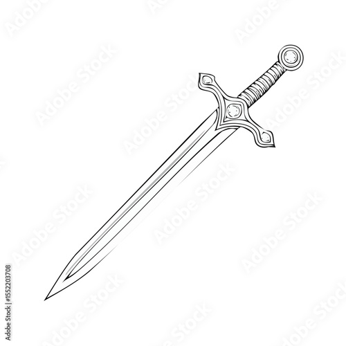 Intricate White Line Drawing of a Sword Isolated on Black Background