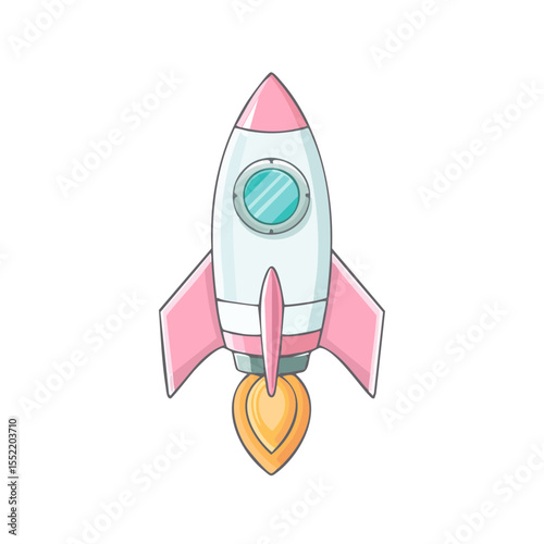 Cartoon Rocket Taking Off With Flames on Black Background Illustration