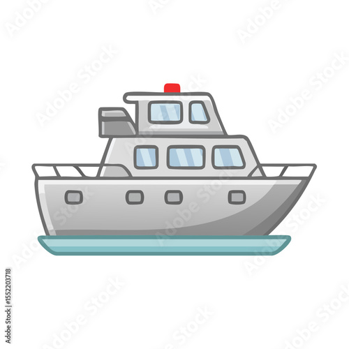 Cartoon Illustration of Gray Motorboat on Water with Windows and Railings for Nautical Fun