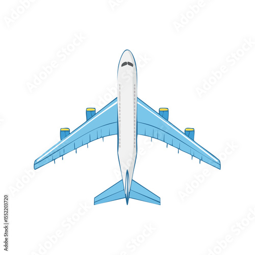 Illustration of a blue and white passenger jet viewed from above on a black background