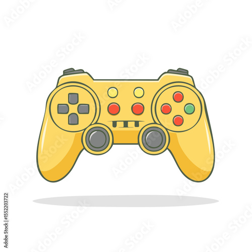 Isolated yellow game controller with buttons and joystick design for electronic video gaming and entertainment in black background