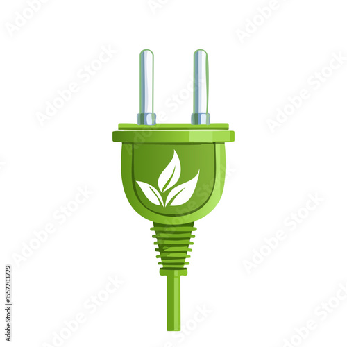 Electric plug in green with leaves illustration, renewable energy concept