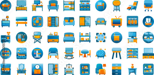 Bright and modern filled-style icons showcasing common furniture items. Includes chair, table, sofa, wardrobe, shelf, and more. Ideal for interior design, e-commerce, or home decor apps. High-resoluti