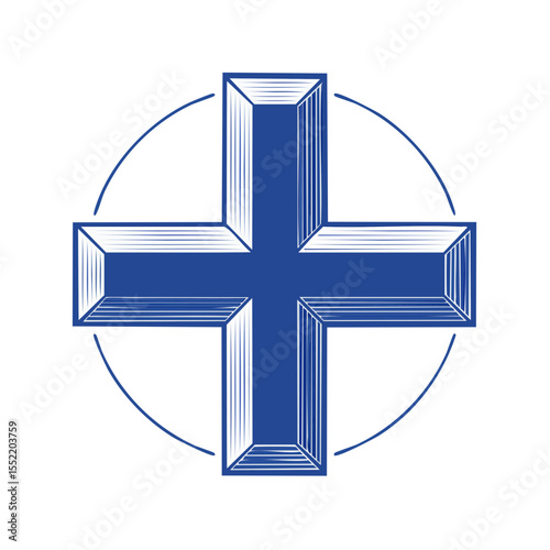 Illustrated blue cross encircled by line, isolated on black background, geometric, conceptual, design element