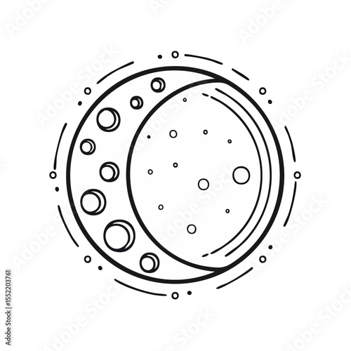 Cartoon moon with craters and cosmic glow on black background, vector illustration.