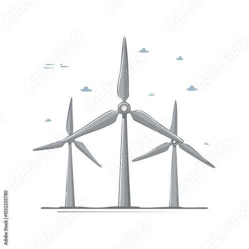 Illustration of three wind turbines generating power in a clean energy concept with some clouds floating