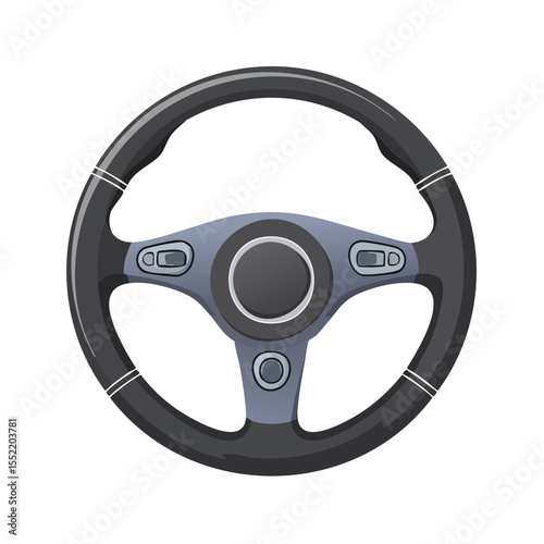 Black Steering Wheel with Buttons and Stitching for Driving a Motor Vehicle