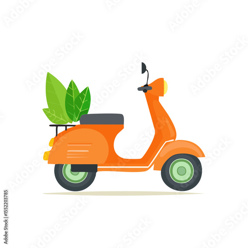 Orange scooter carrying green plants in a basket isolated on black background transportation urban vehicle illustration icon clean energy eco-friendly travel