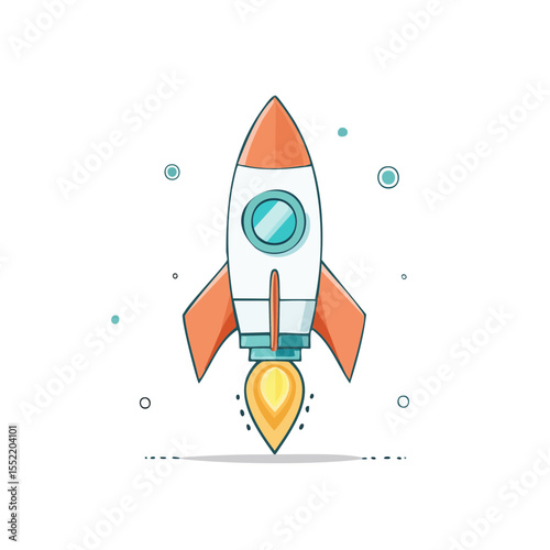 Cartoon rocket taking off to explore space orange white and blue spacecraft with flame isolated on black background. Perfect for illustrations.