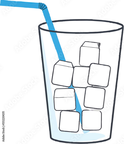 Illustration of a glass filled with ice cubes and a blue drinking straw inside