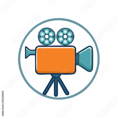 Retro movie camera illustration with film reels on a tripod inside a circle for creative film making projects