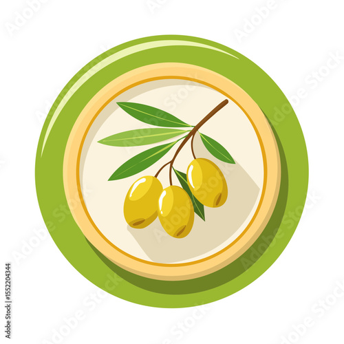 Stylized icon of olive branch with green olives in decorative circle frame for culinary oil or Mediterranean cuisine design