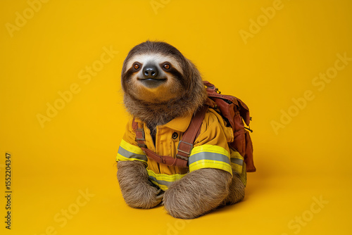 Sloth wearing firefighter uniform on vibrant yellow background with backpack, showcasing a playful and whimsical animal moment