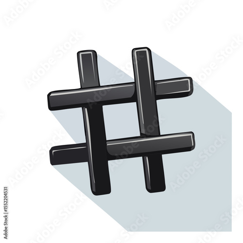 Glossy Black Hashtag Symbol with Shadow on a Black Background