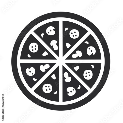 Stylized Pizza Illustration with Pepperoni and Mushroom Toppings Divided into Slices on a Black Background
