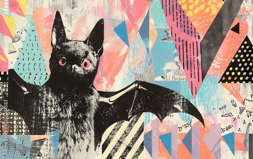 black cat mixed media artwork with geometric patterns abstract collage triangles modern urban street art