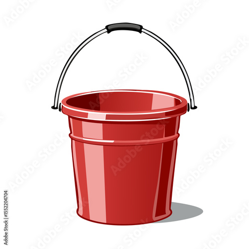 Cartoon style illustration of a red bucket with a white handle on a black background. Empty red container with smooth edges.