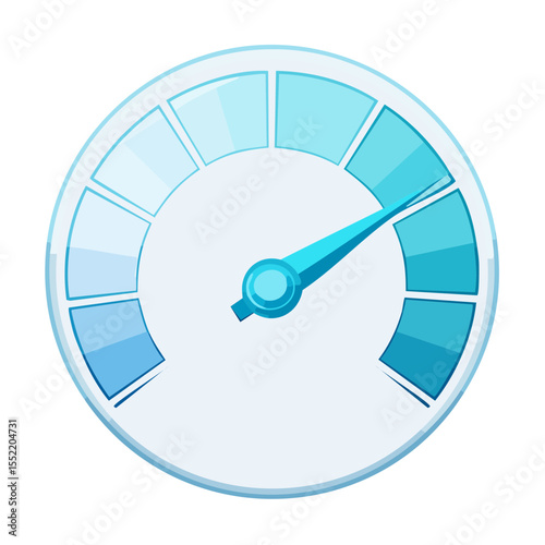 Blue gauge icon showing a medium level of performance, indicator with arrow on white background, illustration