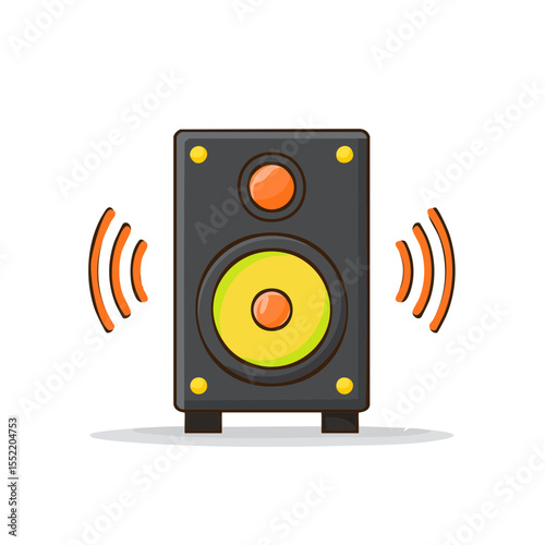 Sound speaker illustration with sound waves on dark background. Audio equipment icon for listening to music and playing audio files.