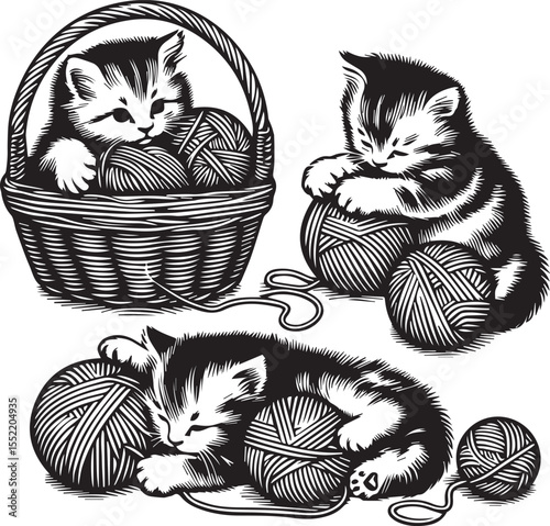 Three adorable kittens play with yarn in charming woven baskets, creating a heartwarming and playful feline scene.