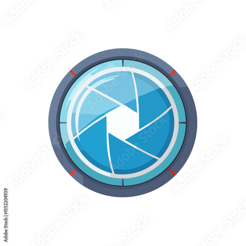 Stylized lens aperture icon with blue blades on black backdrop for photographic vision camera control